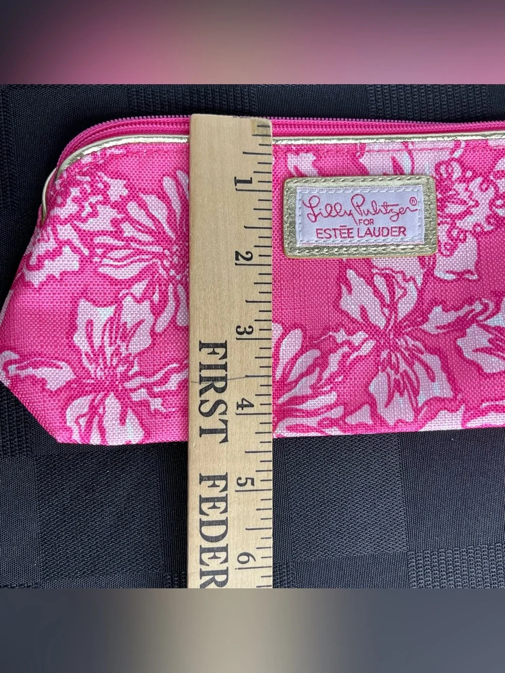 Lilly Pulitzer for Estee Lauder Pink Floral Cosmetic Bag with Gold Trim